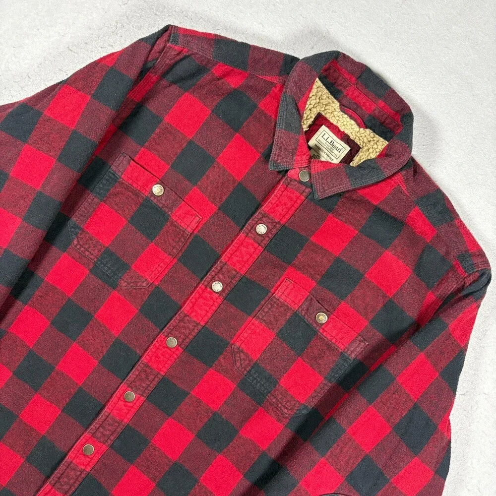 LL Bean Sherpa Lined Scotch Plaid Flannel Shirt Jacket Mens XL Red Buffalo Snap